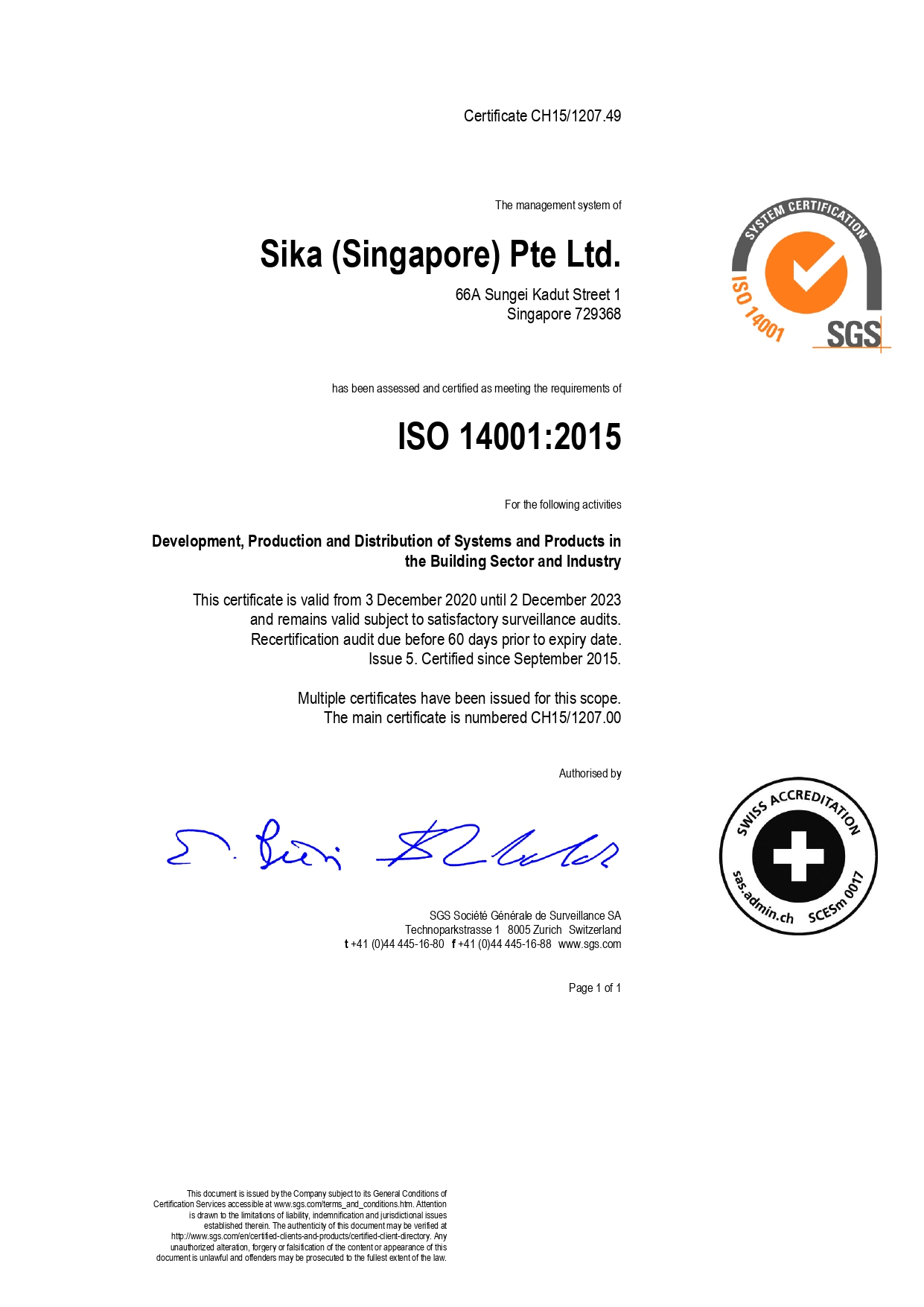 SIKA's APAC Single Certificate ISO 14001